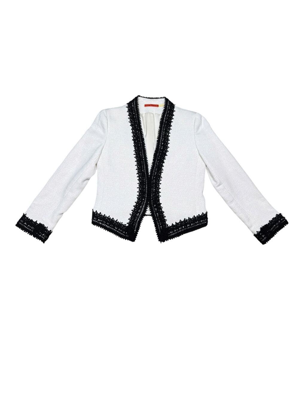 Alice + Olivia Amay Amaya Cream Tweed Black Lace Trim Blazer Size 2
